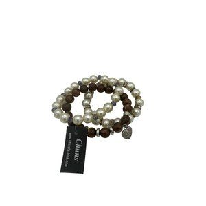 3 pack Beaded Stretch Bracelets Pearl and Brown Heart Charm